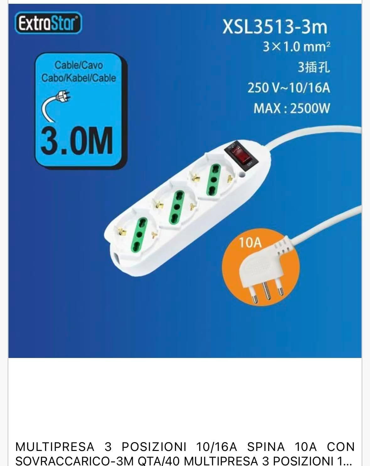 2 Pezzi Multipresa Italiana con Interruttore e Protezione da Sovraccarico, 3 Prese Bipasso 10/16A, Spina 10A Tipo L, Cavo 3 Metri, Bianca – C-XSL3513-3M