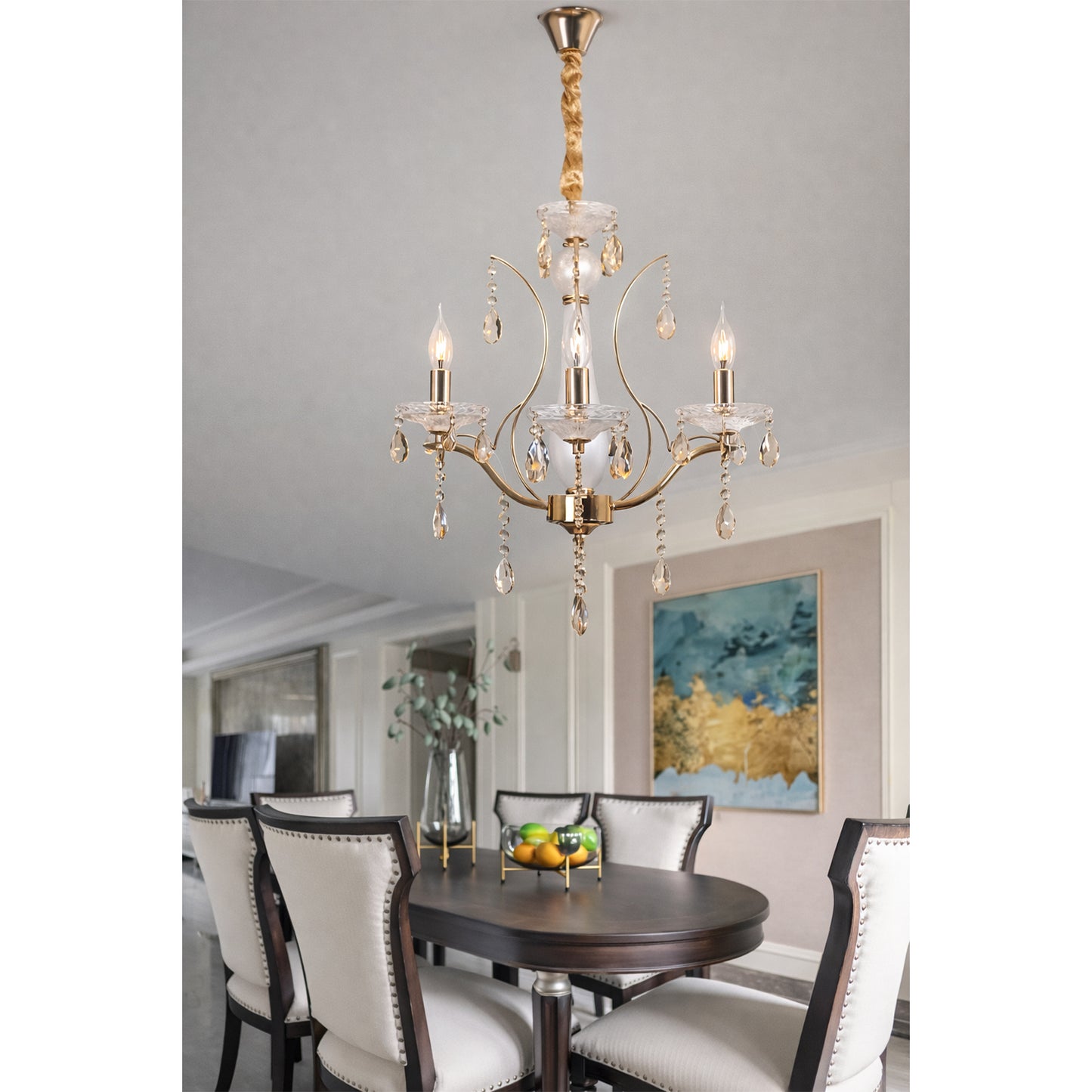 Lampadario Classico in Cristallo 3 Luci E14, Stile Elegante per Sala da Pranzo e Soggiorno, Struttura in Metallo e Vetro Trasparente – A60-3