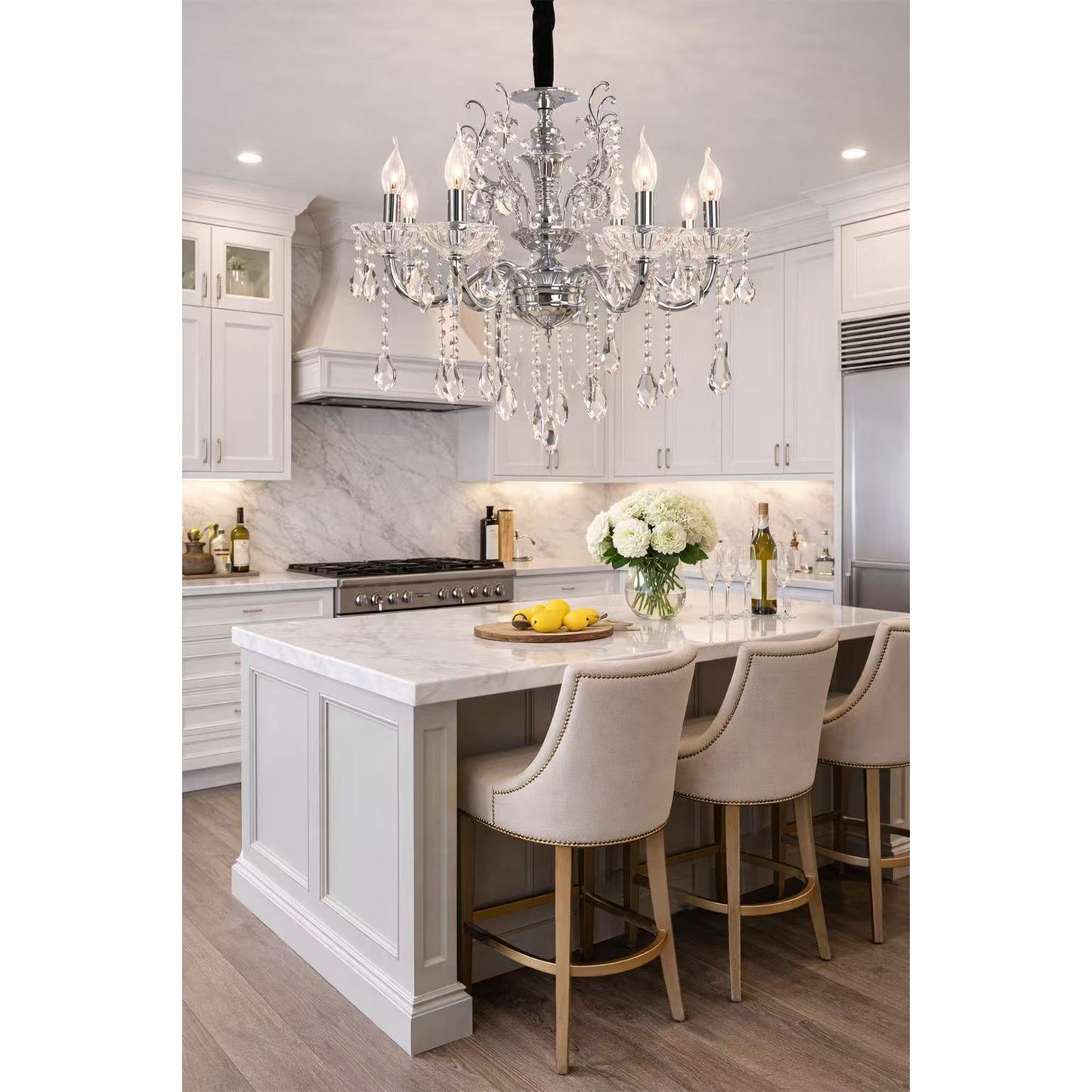 Lampadario Classico in Cristallo, 6 Luci E14, Stile Elegante per Soggiorno e Sala da Pranzo, Lampadario da Soffitto in Alluminio e Vetro – A18-A