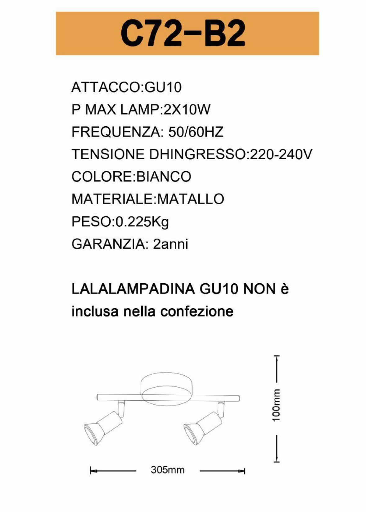 TEKHOME Faretto Moderno - 2 luce - H 100mm - Bianco - Moderno - Soggiorno I Camera da letto I Sala da Pranzo I Cucina C72-B2