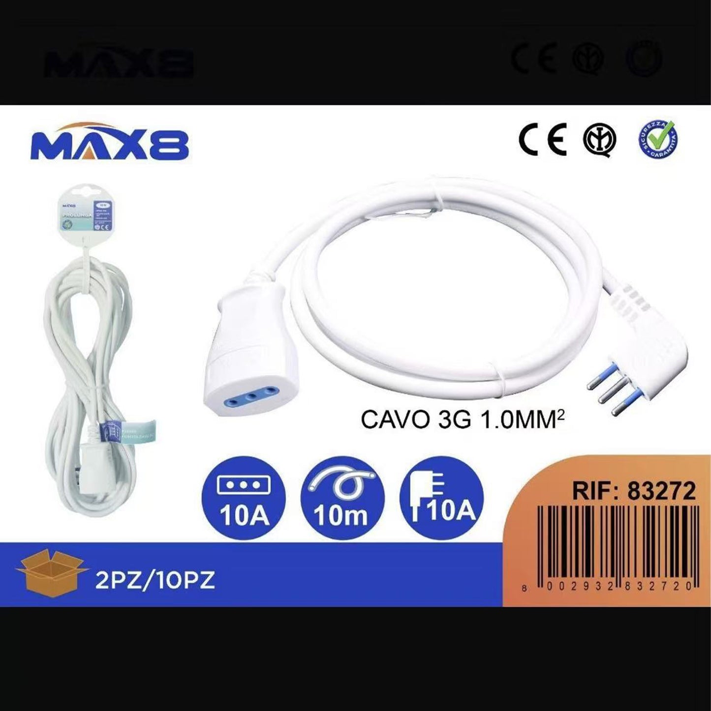 2 Pezzi Prolunga Elettrica Lineare 10m 10A 2P+T, Cavo H05VV-F 3G1.0mm², Spina e Presa Europea, Uso Domestico – Modello 83272