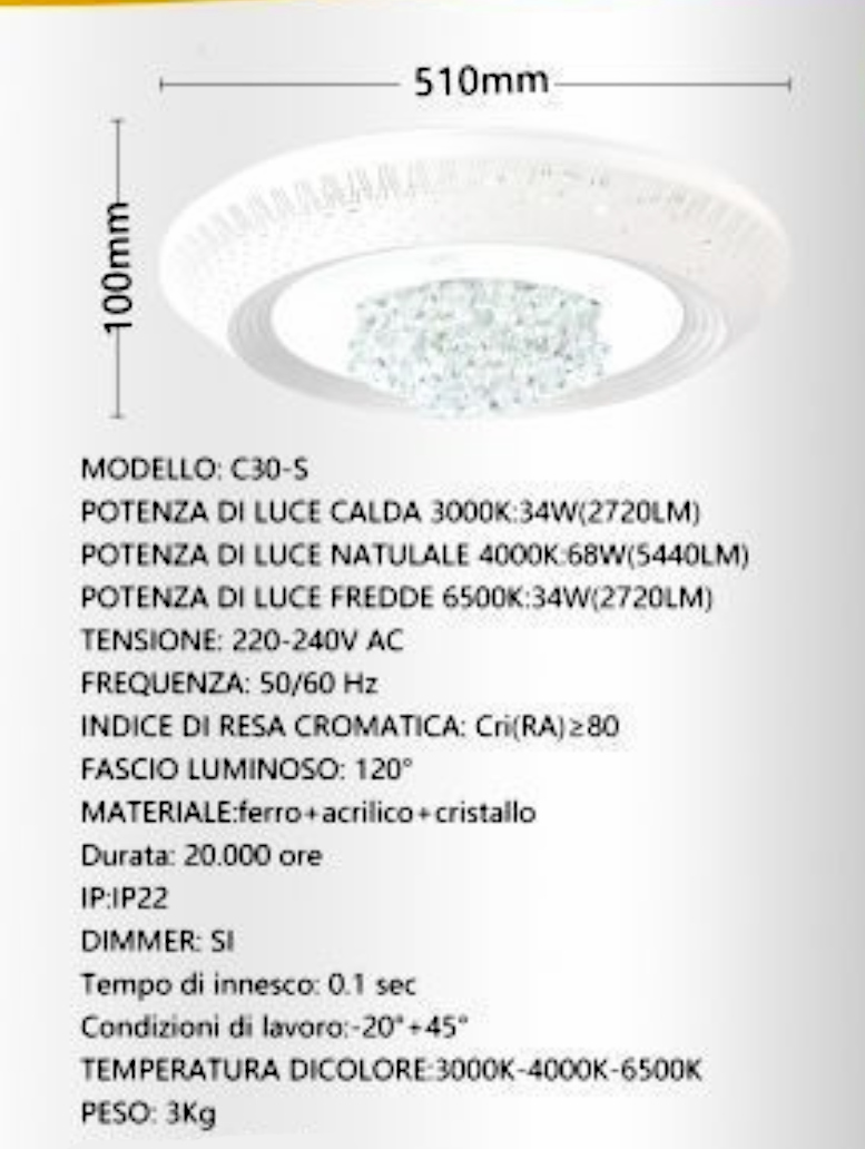 Lampadario LED con Cristalli Dimmerabile con Telecomando 3000K-4000K-6500K, Plafoniera Moderna per Camera da Letto Soggiorno – 3 Misure Disponibili (S/M/G) C30