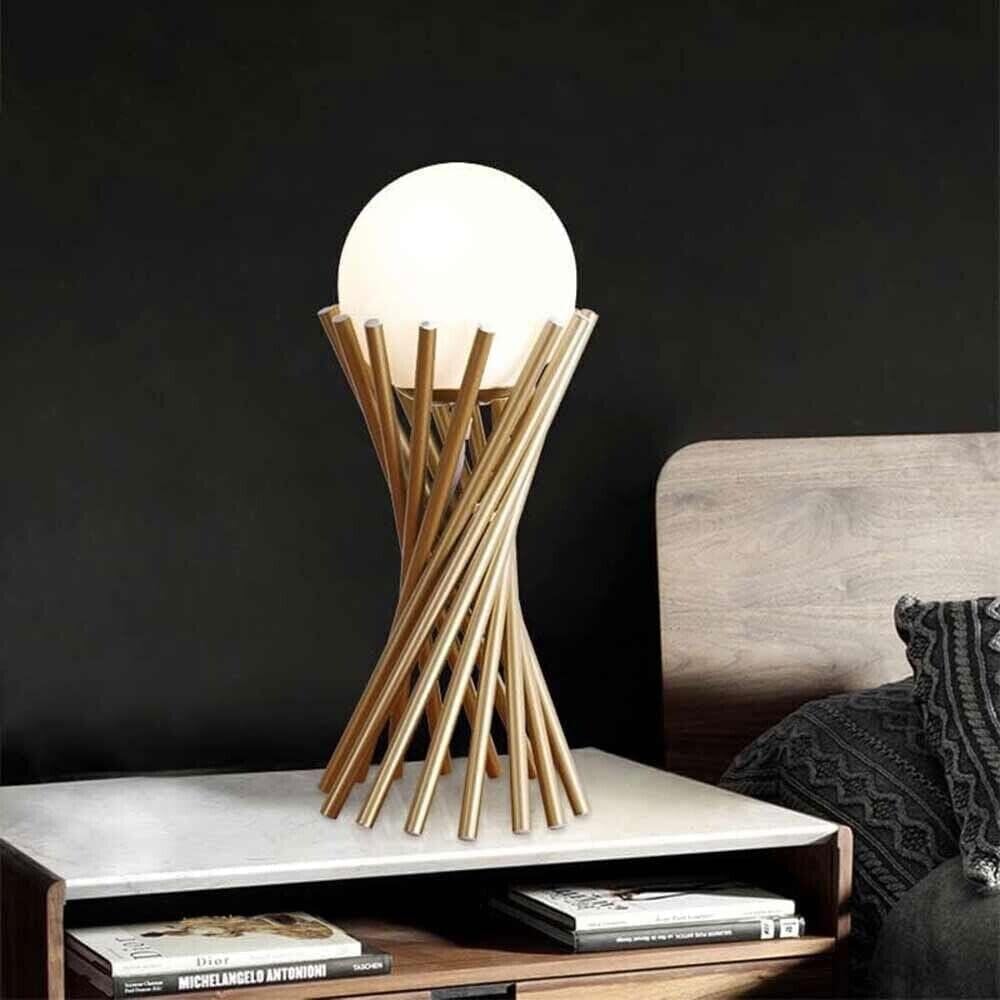 Lampada da tavolo in metallo tubolare sfera vetro G9 lume bronzo D32