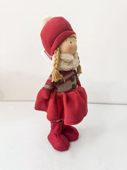 Bambola Natalizia Decorativa 30 cm – Pupazzo di Stoffa con Cappello Rosso e Treccine, Decorazione Natalizia per Casa, Tavolo, Camino, Regalo di Natale