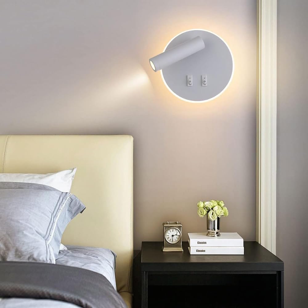 Applique da Muro LED 8W 3000K, Orientabile Rotonda, Bianco/Nero, Moderno Design per Camera da Letto, Corridoio, Soggiorno, Lampada da Parete Interno MR-01