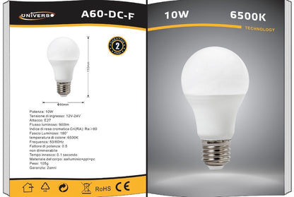 Lampadine LED E27 DC 12V-24V 10W, Confezione da 6 Pezzi, 900LM, Naturale 4000K, CRI>80, Lampadina Bassa Tensione per Camper, Barca, Impianto Solare,A60-DC
