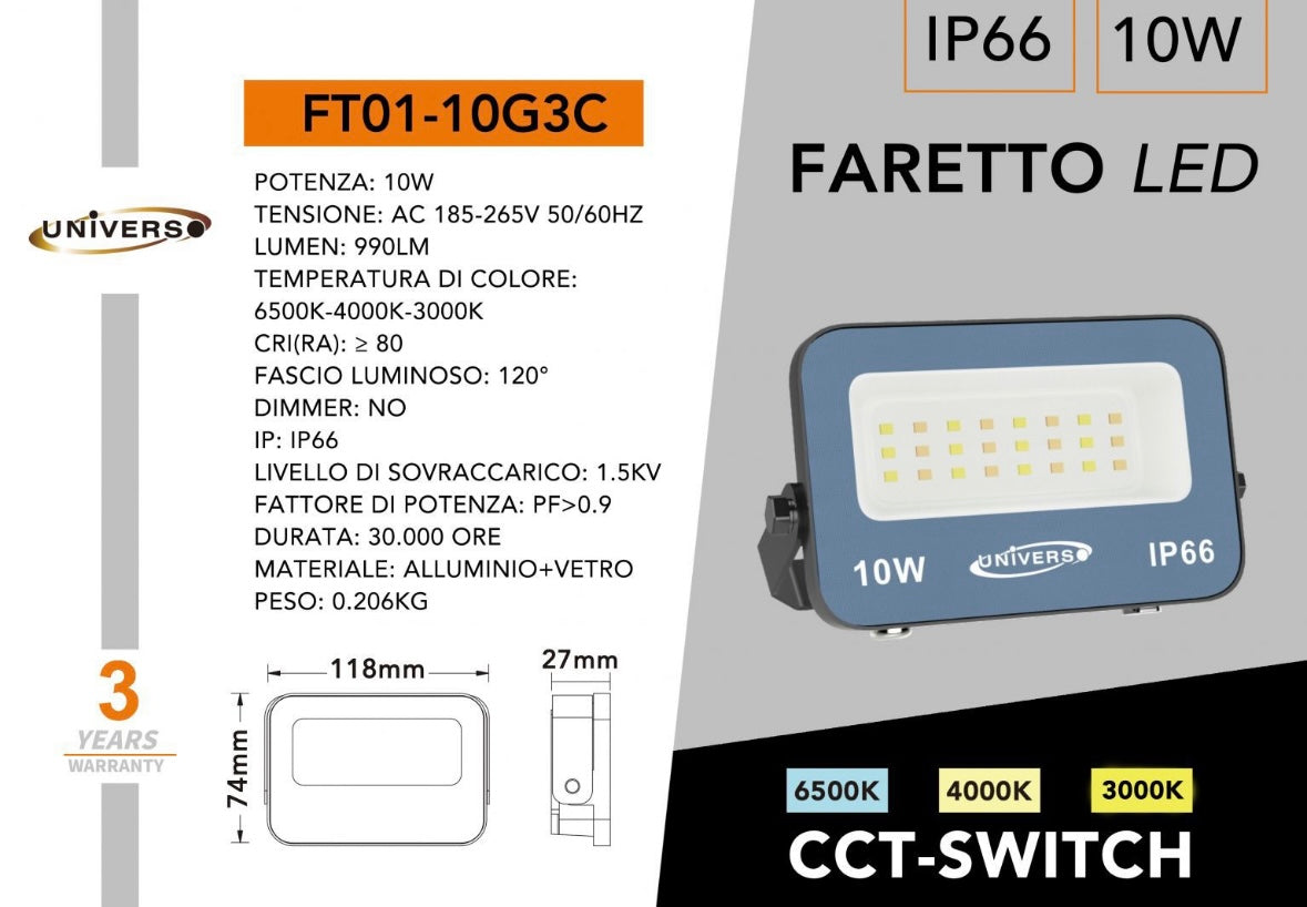 Faro LED Esterno CCT IP66 – 10W/20W/30W/50W/100W/200W – Selettore 3000K-4000K-6500K – Faretto LED da Esterno in Alluminio, Bianco o Grigio FT01