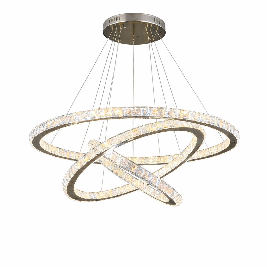 Lampadario LED Moderno a Sospensione 54W con 3 Anelli Cristallo, Telecomando, CCT 3000K 4000K 6500K, Lampada Design per Soggiorno Sala da Pranzo – A63-3C