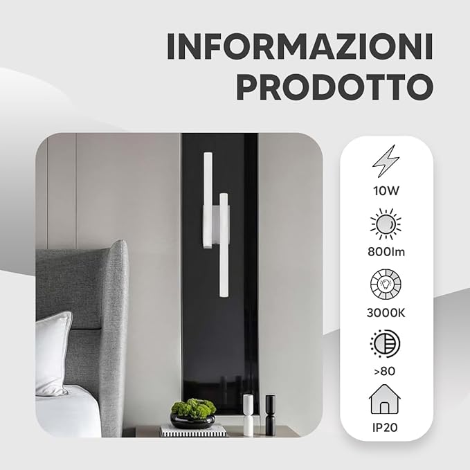 Applique LED da Muro 10W Moderna, Lampada da Parete Bianca Slim Rettangolare, 3000K-6500K, Illuminazione da Interno per Camera da Letto, Corridoio, Soggiorno E26-3C