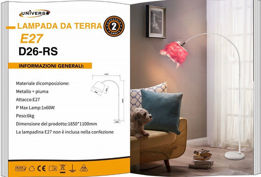 Lampada da Terra con Paralume in Piuma Rosa – Design Moderno Decorativo, Attacco E27 Max 60W, Arco Curvo, Lampada da Pavimento per Soggiorno e Camera D26-RS