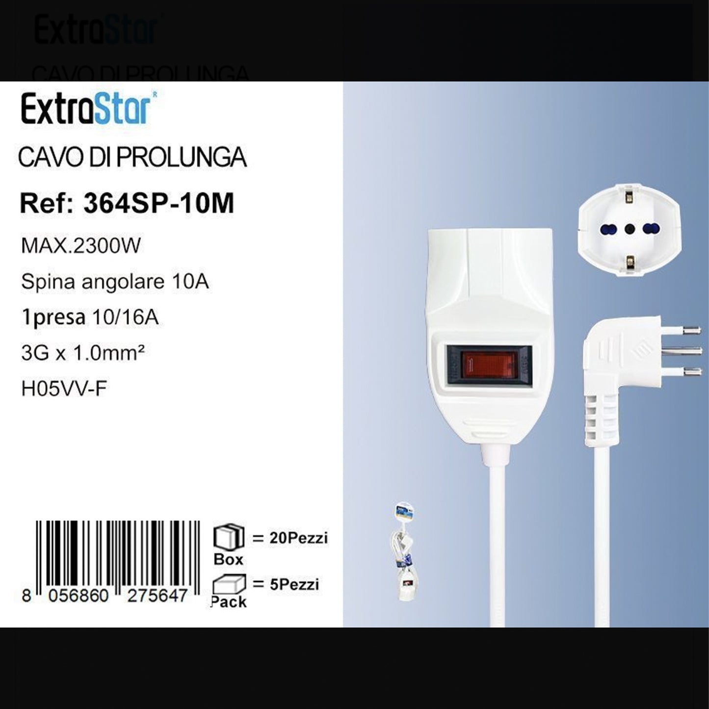 2 Pezzi Cavo di Prolunga 10m con Spina Angolare 10A e Presa Schuko 10/16A, Interruttore di Protezione, Cavo H05VV-F 3G 1.0mm², Bianco – 364SP-10M