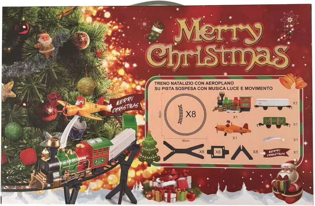 Treno Natalizio con Aeroplano 38 Pezzi con Musica, Luci e Movimento – Set Decorativo di Natale con Pista Sospesa, Effetti Sonori e Luminosi, Idea Regalo per Bambini e Decorazione Natalizia