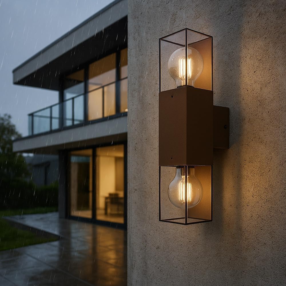Applique da Esterno IP44 con Attacco E27, Lampada da Parete in Alluminio e Acrilico, 2xE27 12W, Design Moderno Doppia Luce Su e Giù, per Facciata, Giardino e Balcone – Colore Ruggine ESM-01C
