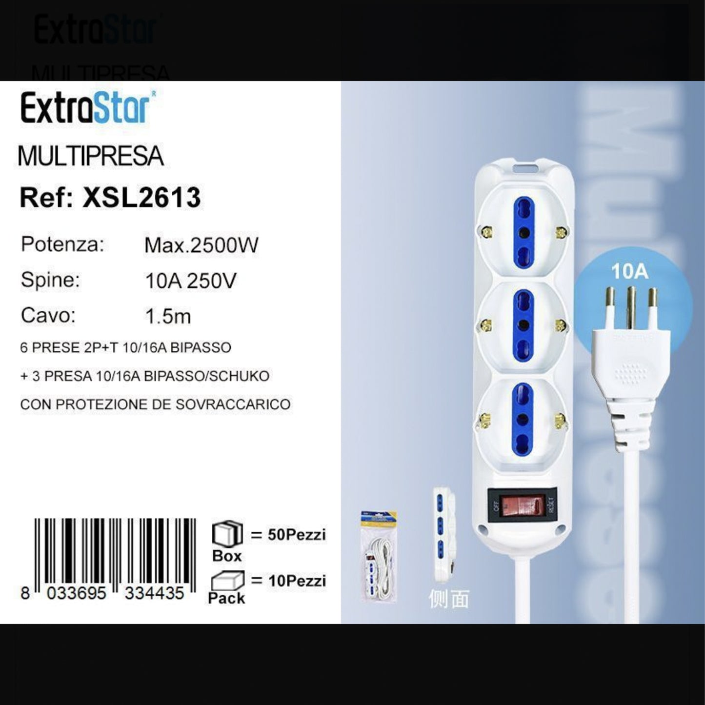2 Pezzi Multipresa 10/16A con Prese Bipasso e Schuko, Protezione da Sovraccarico, Spina Italiana 10A, Cavo 1,5 m, Interruttore ON/OFF, Bianca– XSL2613
