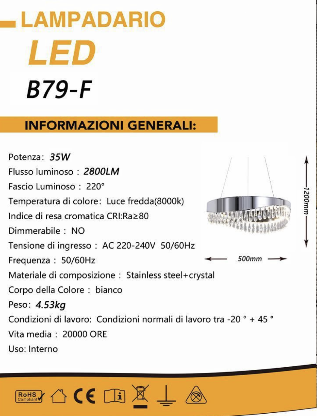 TEKHOME Lampadario LED con Cristalli, 35W 2800LM Luce Bianchissima 8000K, Sospensione Moderna in Acciaio Inox, per Interni, 220-240V B79-F
