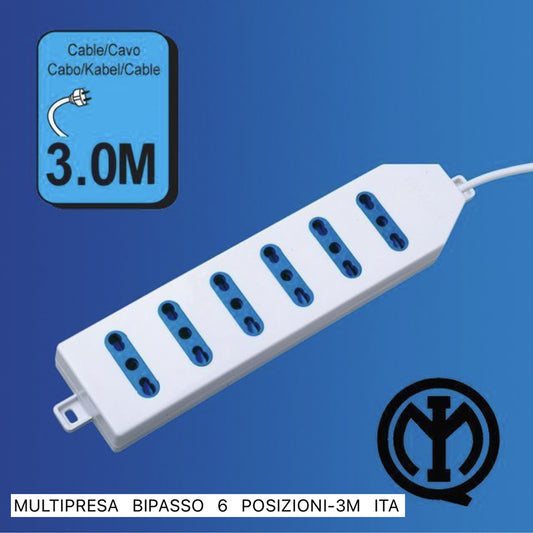 2 Pezzi Multipresa Bipasso Italiana 6 Posti con Spina 10A, Cavo Lungo 3 m, Presa Multipla per Casa e Ufficio, Colore Bianco – C-XSL2206-3M