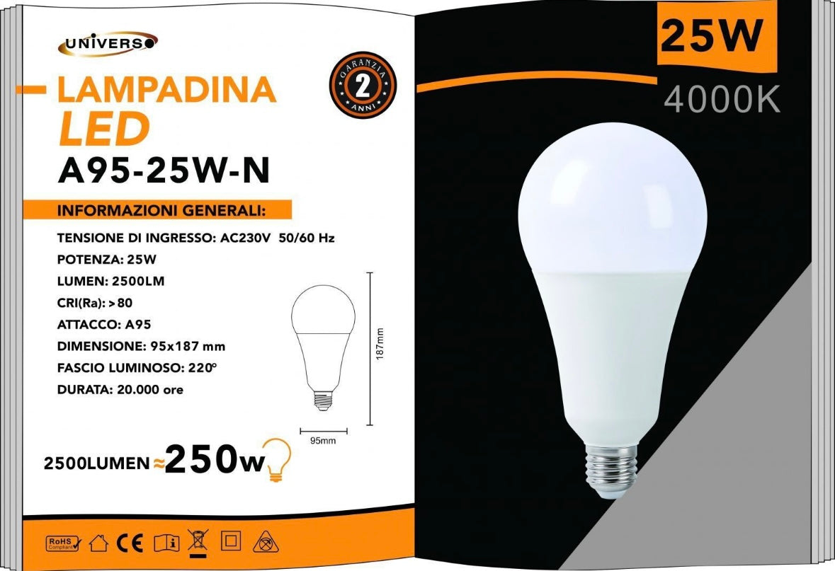 Lampadine LED E27 A95 25W 6 Pezzi, 2500LM, Naturale 4000K, Grande Formato A95, Alto Risparmio Energetico, Accensione Istantanea, Serie A95-25W