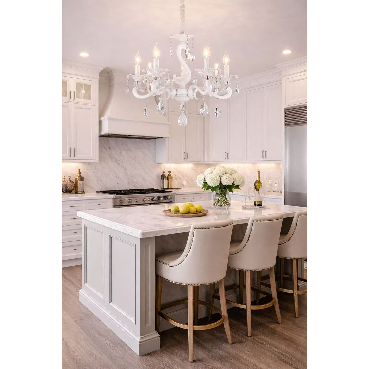 Lampadario a Sospensione Classico in Vetro e Metallo, 5 Luci E14, Stile Elegante per Soggiorno e Camera da Letto, Colori Bianco o Nero – A15-5