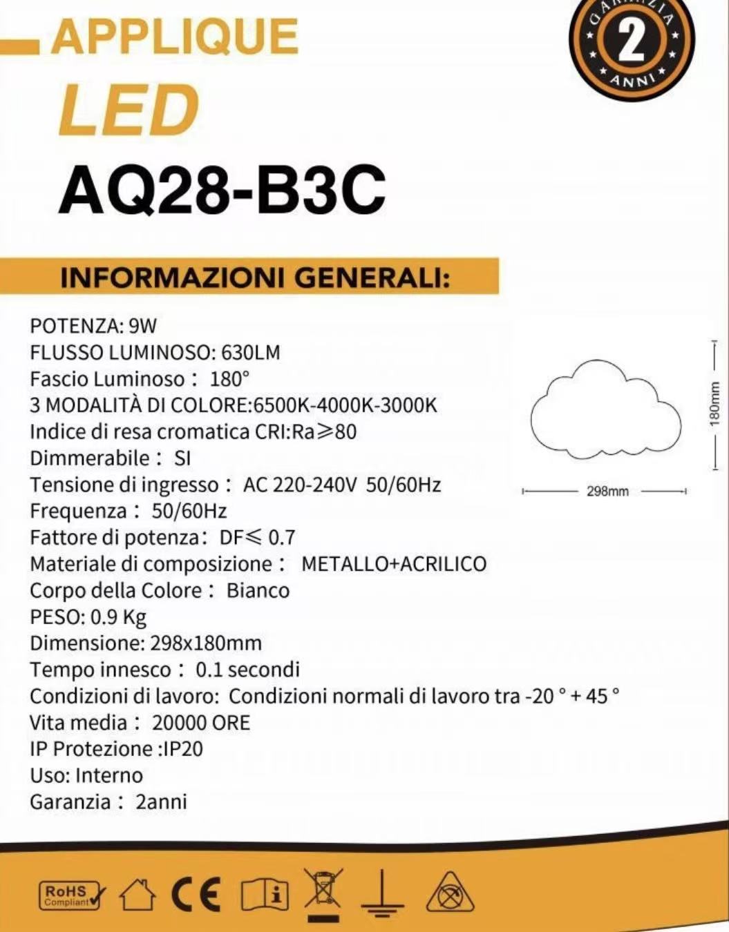 TEKHOME Applique da muro LED 9W design nuvola, luce regolabile 3000K-6500K, lampada da parete per camera da letto bambini soggiorno AQ28-B3C