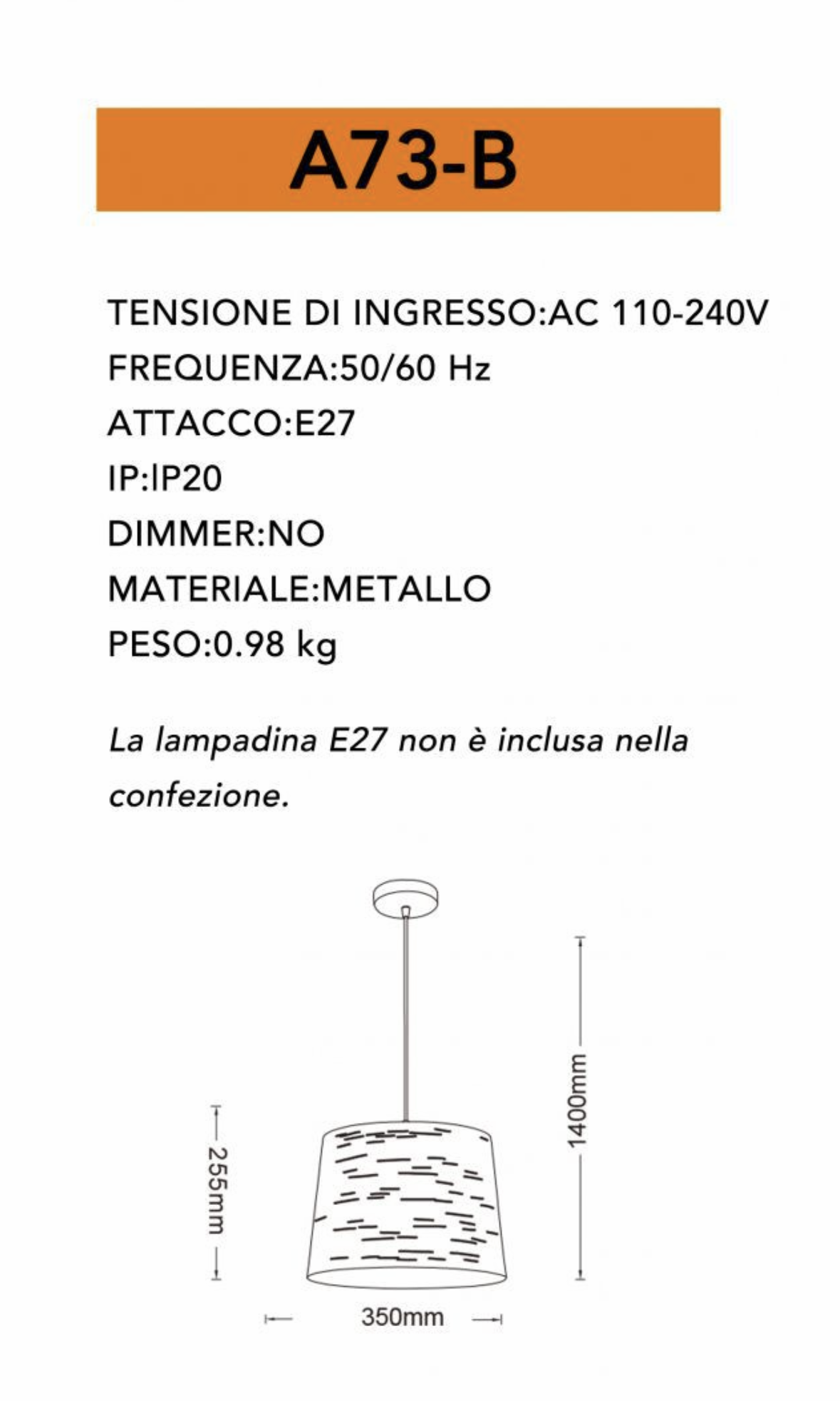 TEKHOME Lampadario a Sospensione Moderna in Metallo per Interni, Paralume Cilindrico Oro Interno, Attacco E27, Ø35cm, Altezza Regolabile 140cm – Bianco/Nero A73