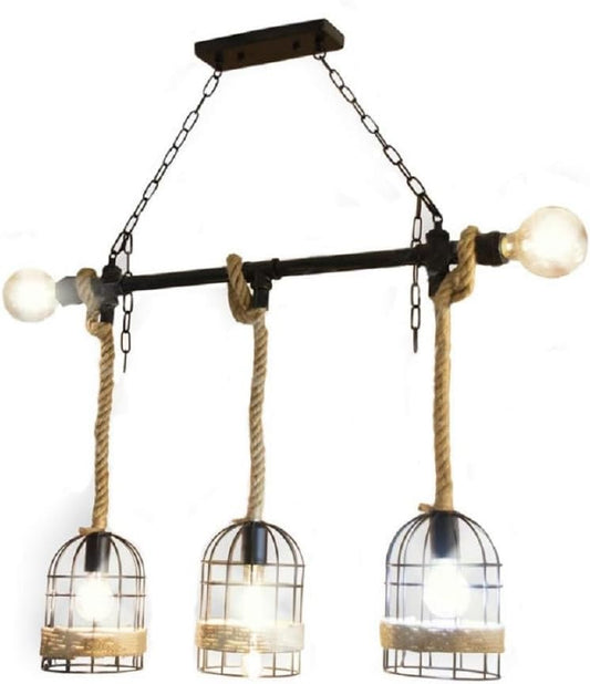 Lampadario Industriale a Sospensione 5 Luci E27, Design Vintage con Corda di Canapa, Lampada da Soffitto per Cucina Sala da Pranzo Ristorante Bar – B60-5