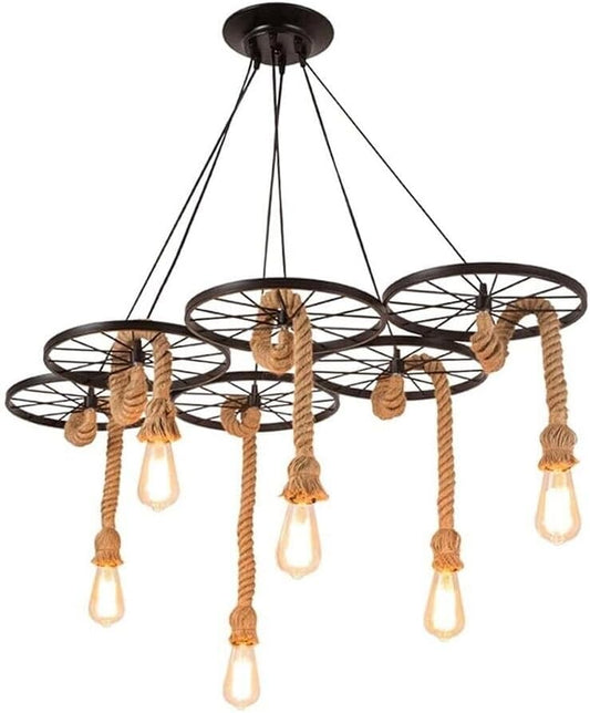 Lampadario a Sospensione Vintage in Corda, 6 Luci E27, Design Industriale Retro, Lampadario da Soffitto per Cucina, Sala da Pranzo, Bar, Ristorante, Altezza Regolabile A89-6
