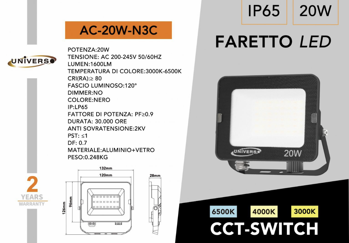 Faretto LED da Esterno IP65 – CCT Switch 3000K/4000K/6500K, 10W–50W, Faro LED Impermeabile per Giardino, Cortile, Garage- Serie AC