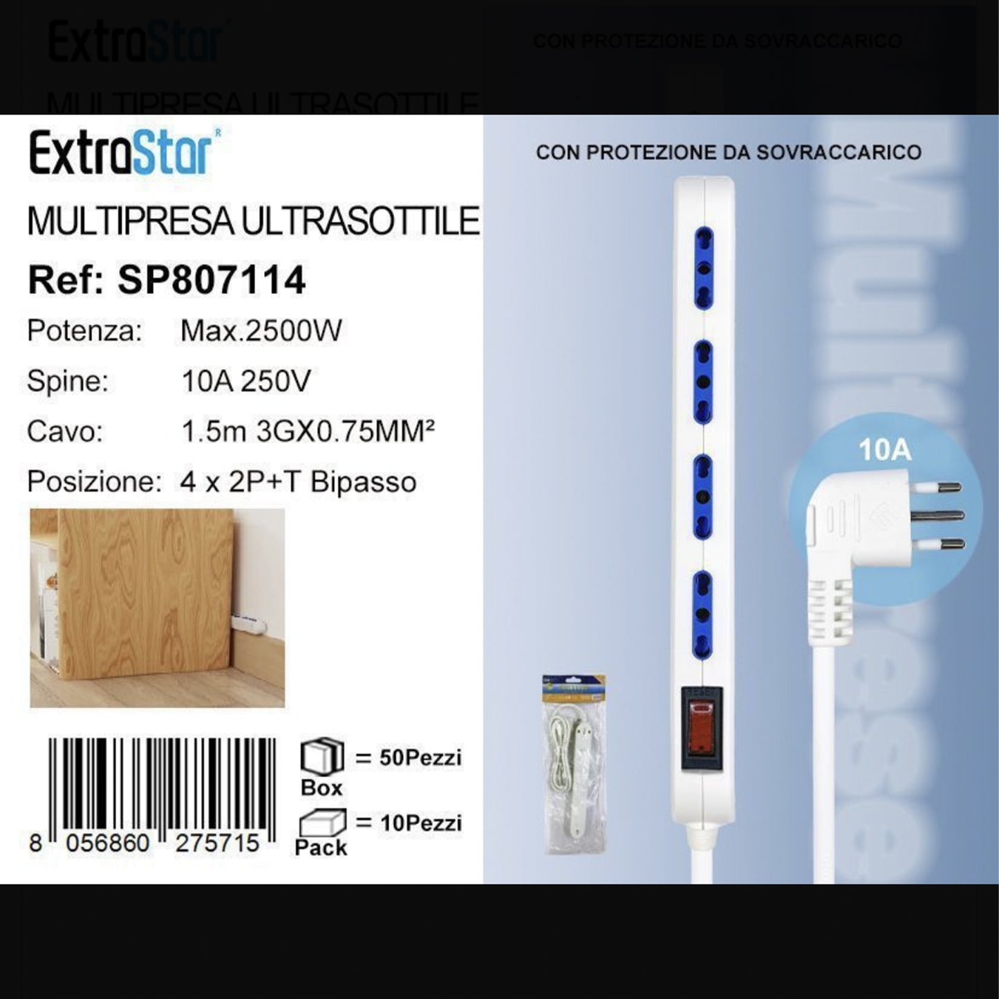 2 Pezzi Multipresa Ultrasottile 4 Prese Bipasso 10/16A con Protezione da Sovraccarico, Spina Italiana 10A, Cavo 1,5 m, Interruttore ON/OFF, Bianca – SP807114