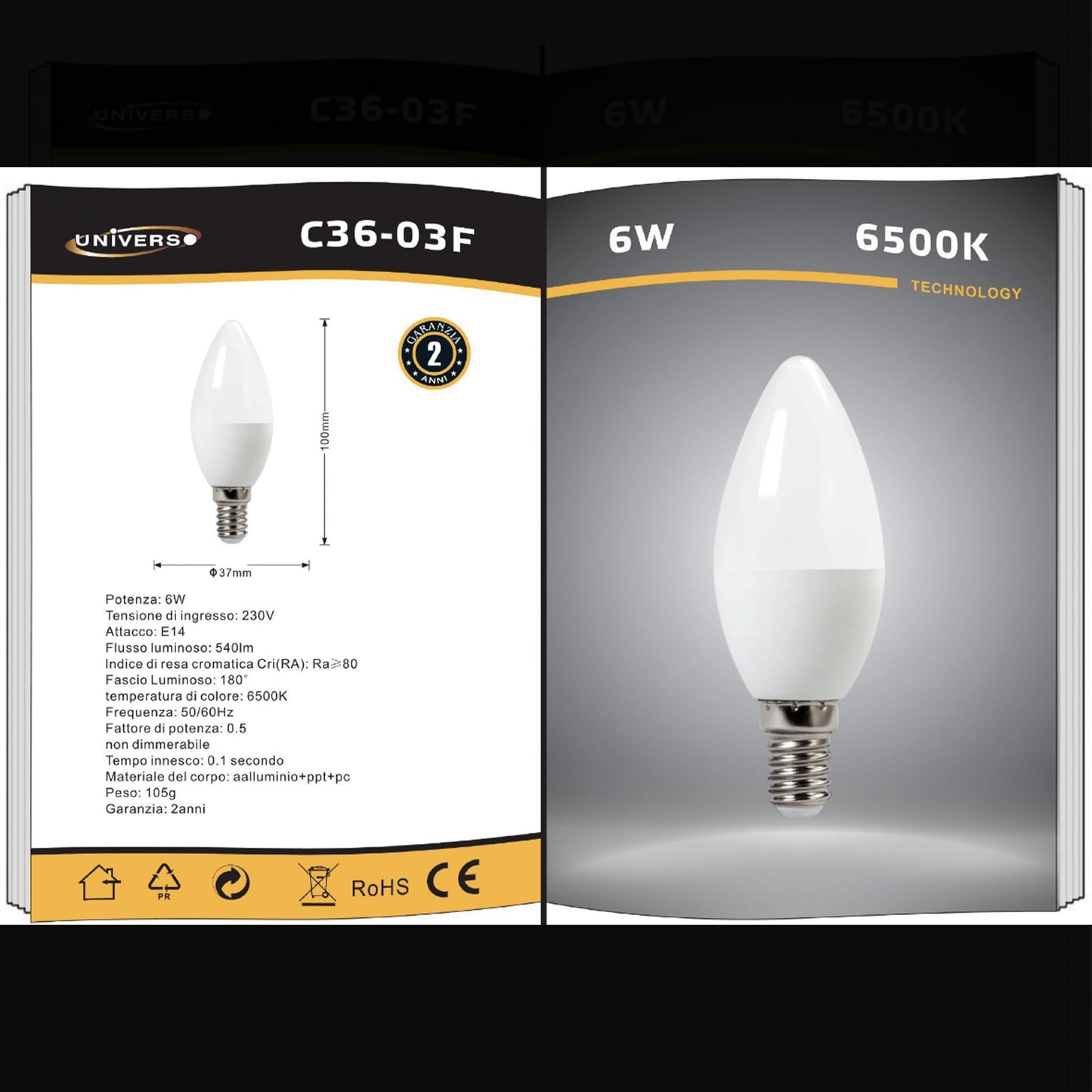 6 Pezzi - Lampadina LED E14 Candela 6W, 540 Lumen, 230V, Luce a Candela per Lampadari, Risparmio Energetico C36-03