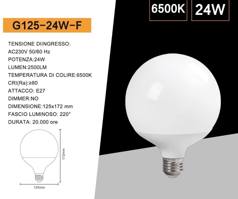 Lampadine LED E27 G125 24W, Confezione da 6 Pezzi, 2500LM, Globo Grande Ø125 mm, Naturale 4000K, CRI>80, Angolo 220°, Risparmio Energetico, Modello G125-24W