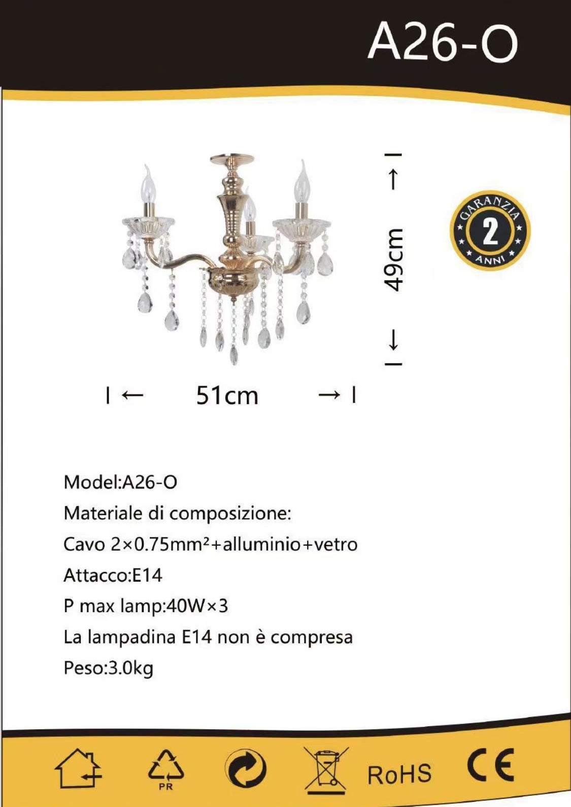 TEKHOME Lampadario Sospeso a 3 Luci Stile Candela con Cristalli, Design Classico, Attacco E14 40W, per Ingressi e Camere, Disponibile in Oro e Cromo, 51cm (Senza Lampadine) A26