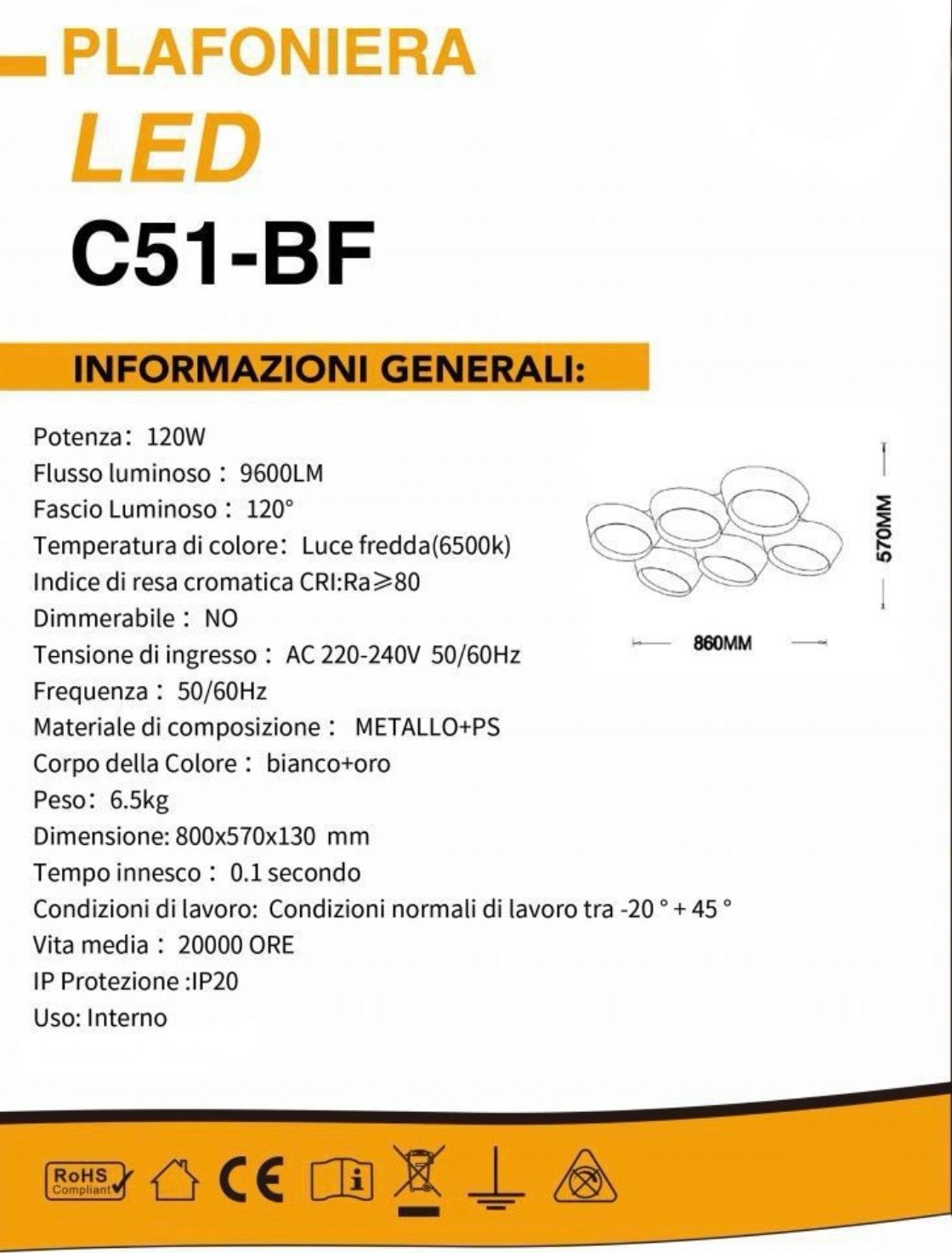 TEKHOME Plafoniera a led 120 watt lampadario da soffitto 6 cerchi irregolari luce 3000K 4000K 6500K C51