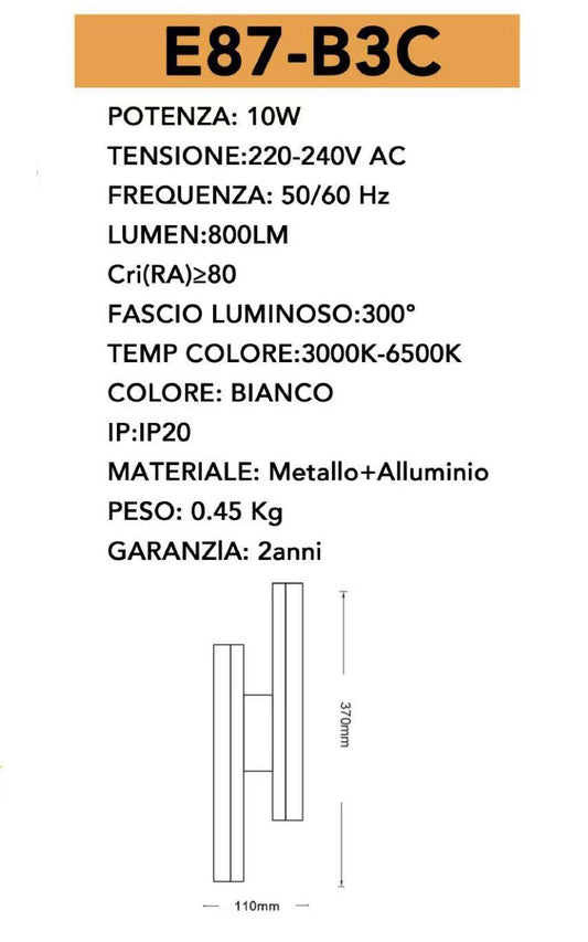 TEKHOME Applique da Parete LED 10W CCT 3000K-6500K Bianca, Lampada da Muro Moderna Interno, Design Minimalista Regolabile E87-B3C