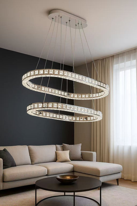 Lampadario LED B49-3C 46W, Lampadario Moderno a Sospensione in Cristallo, 3680 Lumen, Dimmerabile 3 Colori CCT 3000K-6500K, Colore Argento, per Soggiorno Camera da Letto Cucina B49-3C