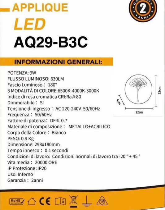 TEKHOME Applique da muro LED 9W design foglia di ginkgo, luce regolabile 3000K-6500K, lampada da parete decorativa moderna per camera da letto e soggiorno AQ29-B3C