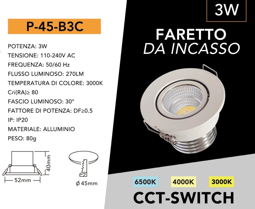 5 Pezzi Faretti LED da Incasso 3W,COB LED 270 lm, Foro Ø45 mm, CCT Switch 3000K/4000K/6500K, Fascio 30°,Corpo in Alluminio, Faretto da Soffitto per Casa, Cucina, Negozi e Uffici, P-45