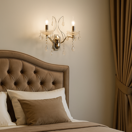 TEKHOME Applique da Parete Classica con Cristalli, 2XE14, Oro, Lampada da Parete in Stile Candelabro per Soggiorno, Camera da Letto, Corridoio E68-2