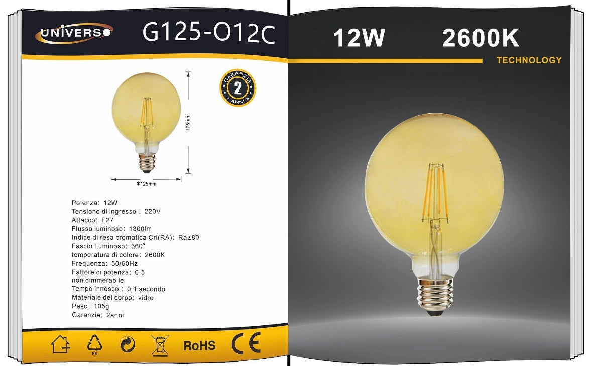 Lampadine LED E27 G125 12W, Confezione da 5 Pezzi, Globo XL Ø125mm, 1300-1500LM, Luce 2600K/3000K/4000K/6500K, Vetro Trasparente o Ambrato, Fascio Luminoso 360°, Basso Consumo,G125-T12