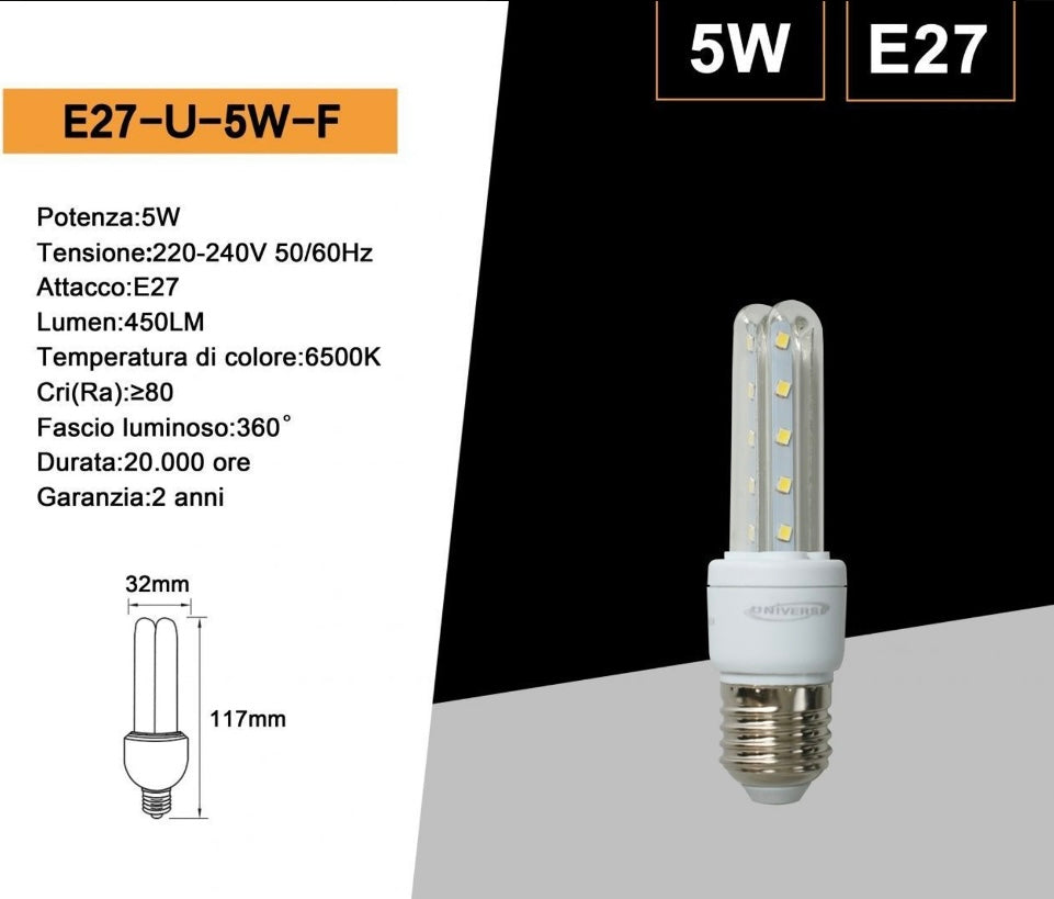 Lampadine LED E27 5W, Confezione da 10 Pezzi, 450LM, 3000K/4000K/6500K, Luce Calda, Naturale e Fredda, Lampadina LED a U, CRI>80, Illuminazione 360°, Risparmio Energetico, Modello E27-U-5W