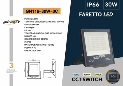 Faretto LED da Esterno IP66 GN116 – 30W / 50W / 100W / 200W, CCT Switch 3000K 4000K 6500K, Faro LED Impermeabile, Corpo in Alluminio, Luce Potente per Giardino Cortile Garage