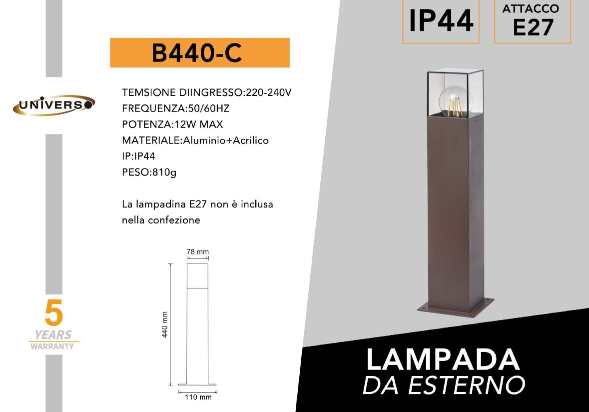 Lampione da Giardino Esterno IP44 con Attacco E27, Palo Luce da Esterno in Alluminio, Colonna Luminosa per Giardino, Vialetto, Terrazza – 440mm-B440