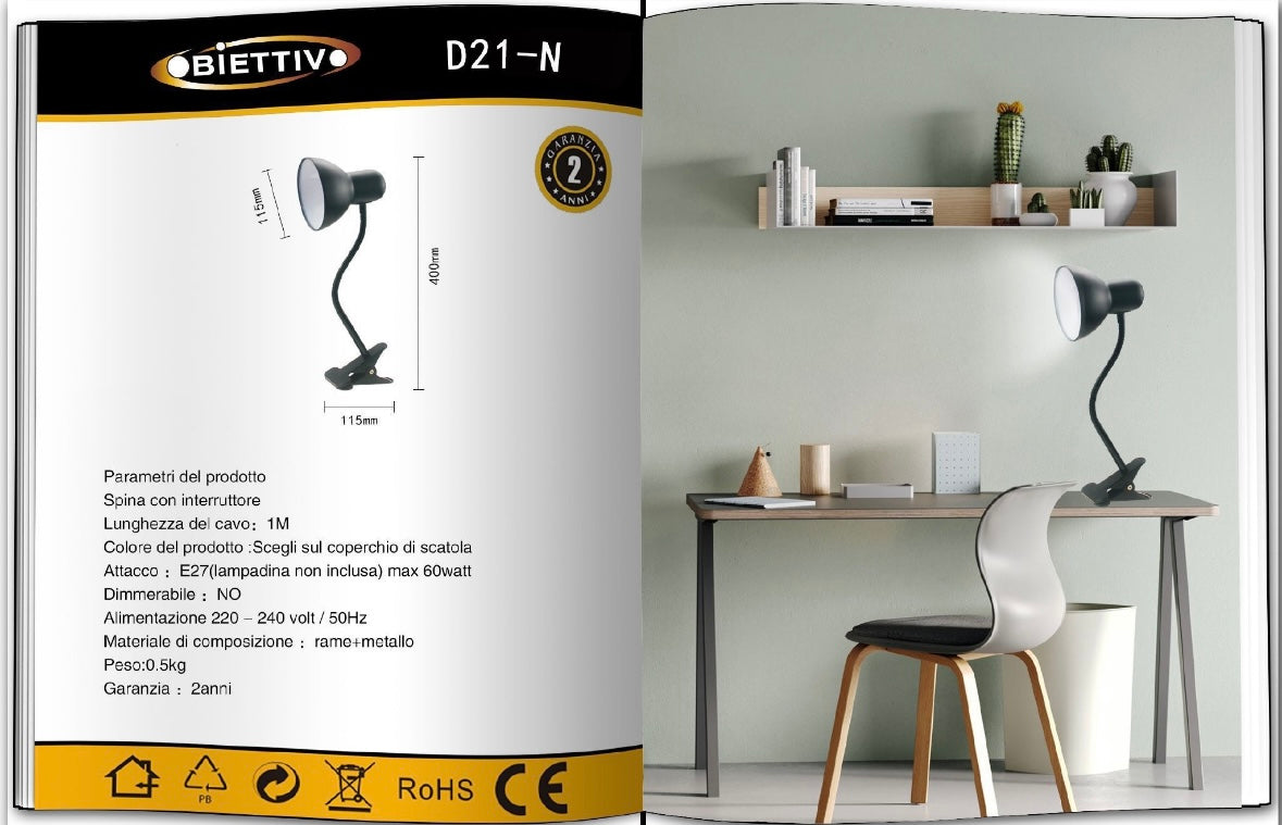 Lampada da Tavolo con Pinza – Attacco E27, Braccio Flessibile 40 cm, Metallo, Luce Direzionabile, Max 60W – Studio, Scrivania, Cameretta D21