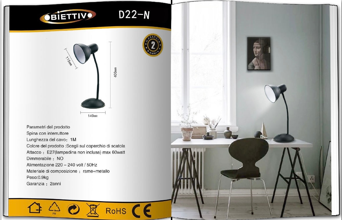 Lampada da Tavolo con Flessibile, Attacco E27, Metallo, Interruttore, Base Stabile – Lampada Scrivania Moderna per Studio, Ufficio, Cameretta D22