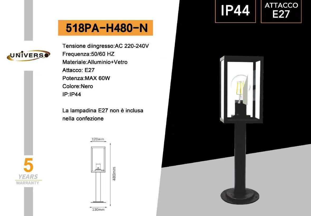 Lampione da Giardino 48cm IP44 per Esterno, Attacco E27 518PA-H480