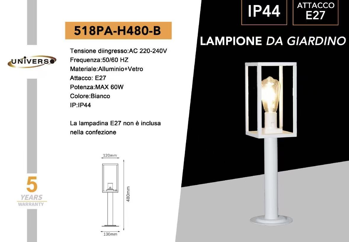 Lampione da Giardino 48cm IP44 per Esterno, Attacco E27 518PA-H480