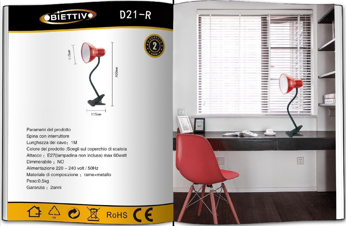 Lampada da Tavolo con Pinza – Attacco E27, Braccio Flessibile 40 cm, Metallo, Luce Direzionabile, Max 60W – Studio, Scrivania, Cameretta D21