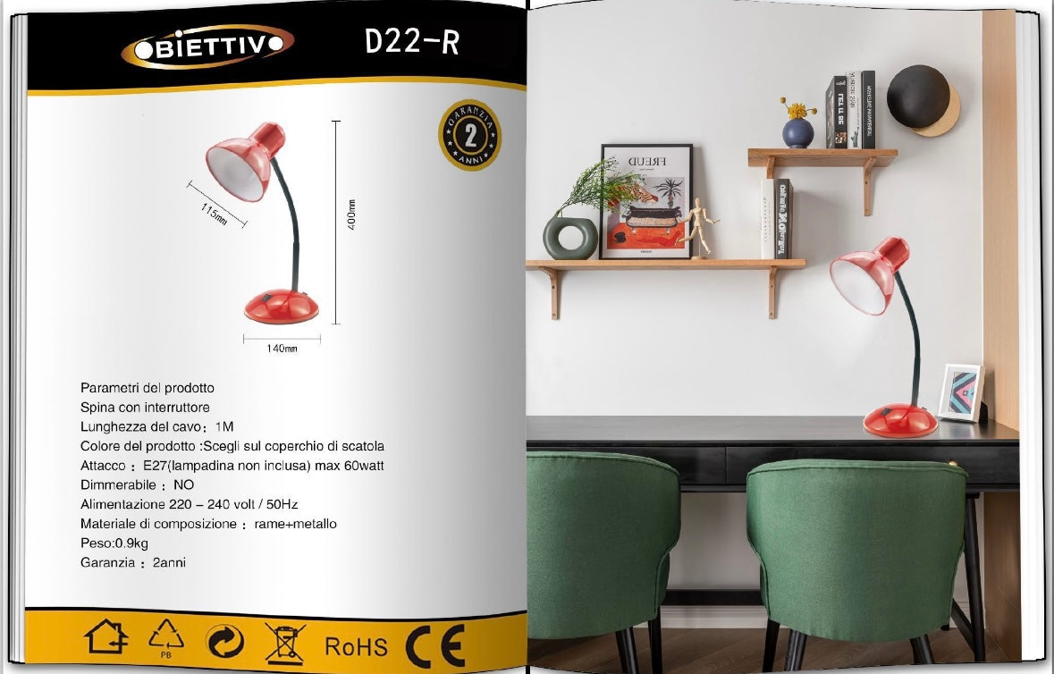 Lampada da Tavolo con Flessibile, Attacco E27, Metallo, Interruttore, Base Stabile – Lampada Scrivania Moderna per Studio, Ufficio, Cameretta D22