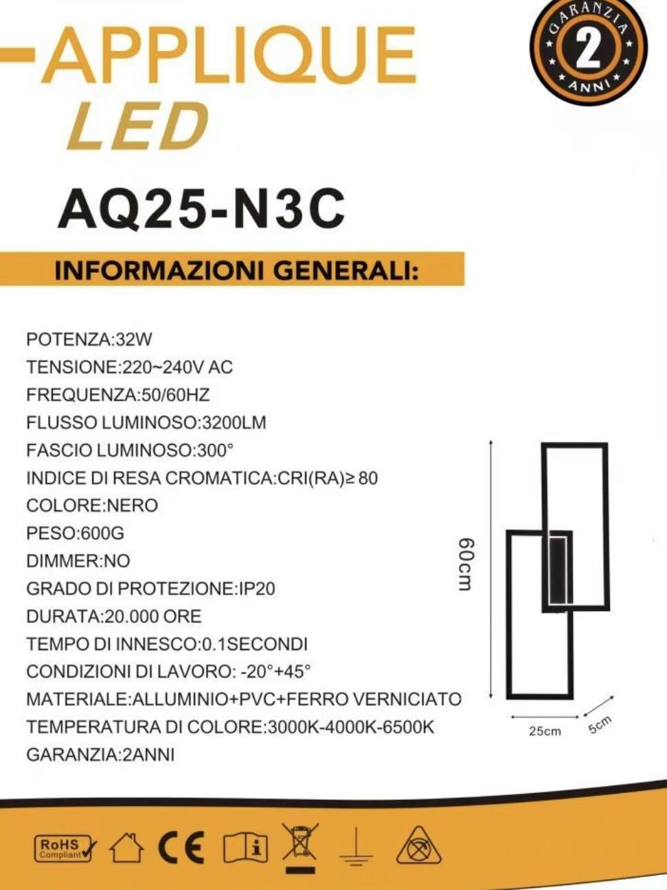 TEKHOME Applique da muro LED 32W moderna rettangolare, luce bianca regolabile 3000K-6500K, lampada da parete per camera da letto soggiorno, disponibile in Bianco e Nero AQ25