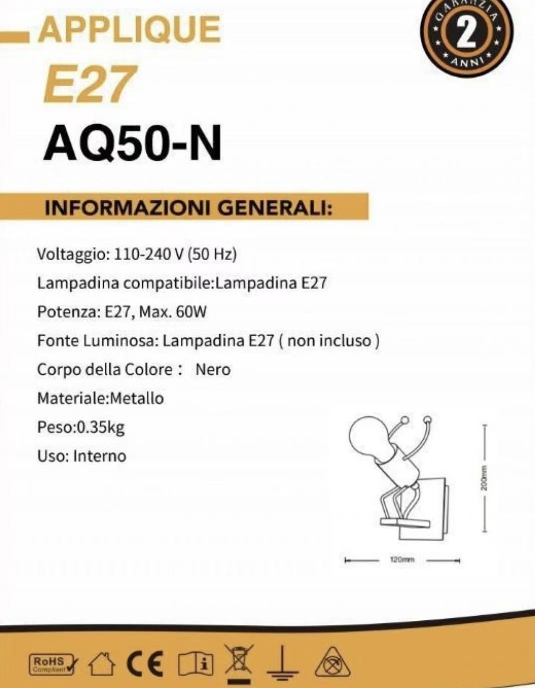 TEKHOME Applique da Muro E27 Design Moderno Metallo, Lampada da Parete con Portalampada E27, Bianco/Nero, per Soggiorno Camera da Letto AQ50