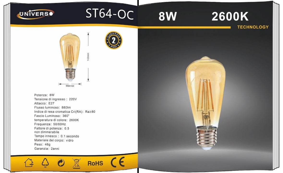 Lampadine LED E27 ST64 8W, Confezione da 5 Pezzi, 880LM, 2600K/3000K, Lampadina in Vetro Trasparente o Ambrato, Illuminazione a 360°, Basso Consumo Energetico, Non Dimmerabile, Modello ST64